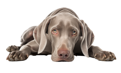 A gray Weimaraner dog lying down on a white surface.