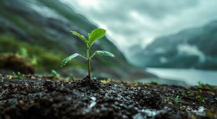 Young plant sprouting in fertile soil with misty mountains in the background