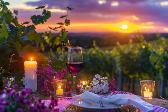 Candlelit picnic table with wine in vineyard at sunset, under a colorful sky