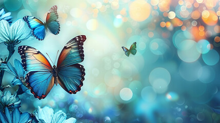 background with border of butterlies against blue and golden bokeh for text