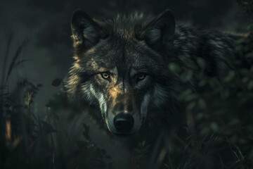 Intense gaze of a wolf in the misty forest