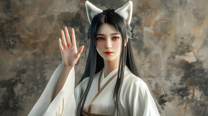 A Japanese woman with long black hair and white fox ears gracefully waves her hand in greeting. realistic