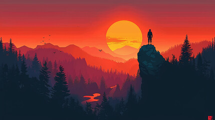 illustration silhouette of a person at mountains on a rock
