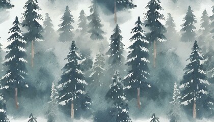 seamless pattern with fir trees watercolor background