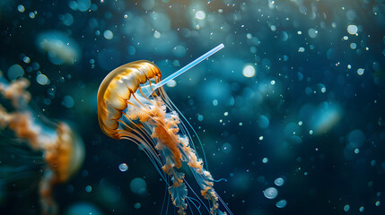 A jellyfish entwined in a plastic straw underwater. deep-sea background with bioluminescent creatures providing a soft glow