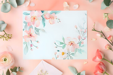 Floral watercolor background feminine flowers in pastel colors. Mockup Mother's Day, Valentine's day, Women's day postcard.