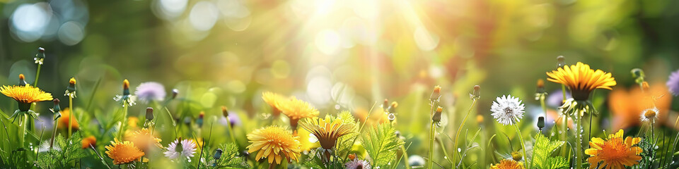 banner with simple wild flowers in the grass in backlight - obrazy, fototapety, plakaty
