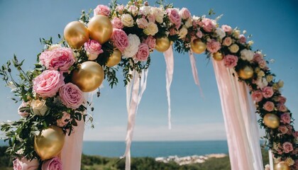 wedding arch decorated with pink and golden balloons and flowers