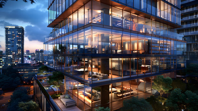A kaleidoscopic glass tower with numerous layers of cuboid areas for deluxe residence. each casement gleaming from within