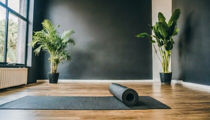 an elegant gym studio with a yoga mat set amidst calming props framed by a large black wall for textual content