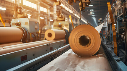 A large roll of paper is being dried on the cardboard production line. showcasing an industrial scene with machinery and tools in motion. The background features a blurred factory setting