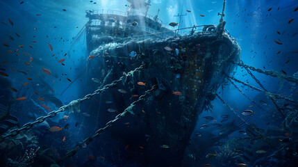 A large shipwreck with lots of fish. blue water and thick chain around the bow is underwater 