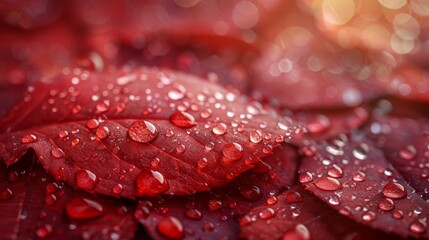 A beautiful natural background with dew drops on a red rose petal. The background is red, so there are no shadows.