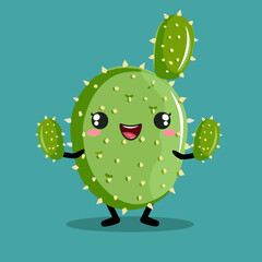 Cute cartoon cactus character vector illustration. Cute green prickly pear.