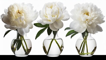 group of 3 vases of white peony flowers isolated on transparent background created using generative ai