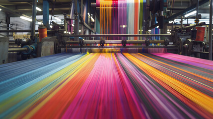 A large textile mill with colorful threads being woven on the loom. showcasing industrial weaving technology in action  - obrazy, fototapety, plakaty