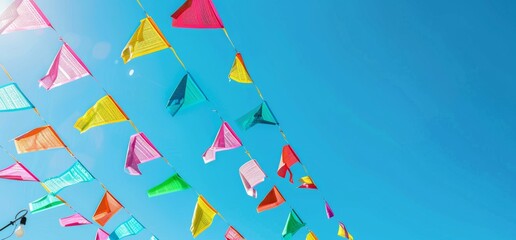 Obraz premium Colorful flags and banners hanging in the sky during festivals Generative AI