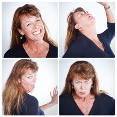 Collage, woman and portrait with funny expression, happiness and crazy face in studio. Composite, female person and isolated by white background with comic emotions, comedy and joke for photography