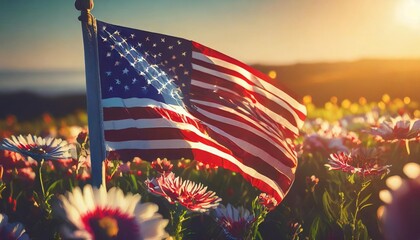 flag of the united states of america waving in the wind and beautiful holiday flowers