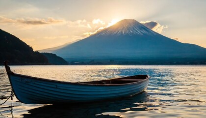 beautiful scenery during sunrise of lake saiko in japan with the rowboat parked on the waterfront...