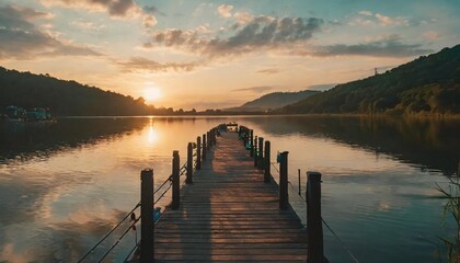 lake at sunset long wooden pier - obrazy, fototapety, plakaty