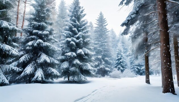a wide format christmas background image showcasing a serene snowy forest filled with christmas trees creating a tranquil and magical winter landscape photorealistic illustration