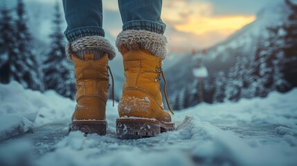 Walking on snow in winter boots with warm clothes. Close-up.