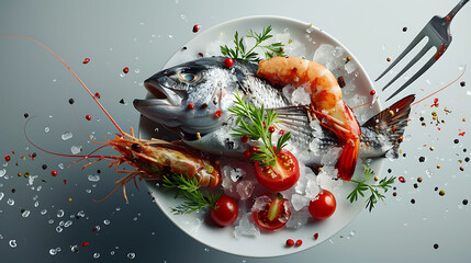 Flying raw whole bream fish and prawns, with ingredients for cooking, Freeze motion, Fork holding the meat, Concept of food preparation in low gravity mode, Separated on smooth gray background - obrazy, fototapety, plakaty