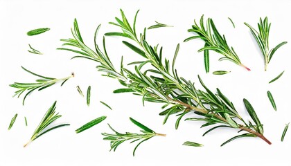 fresh twig of rosemary a couple of smaller pieces and single needles isolated over a transparent background food health or perfumery related design element top view flat lay