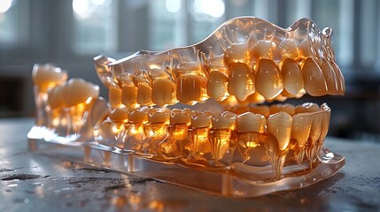 A transparent model of human teeth with implants, teeth, nerves, tartars. To inform clients about dental clinics, a layout of a dental jaw with implants, teeth, nerves and tartars. Close-up of a - obrazy, fototapety, plakaty