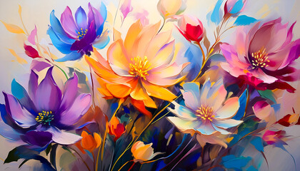 Beautiful flowers painted with paints on a light background