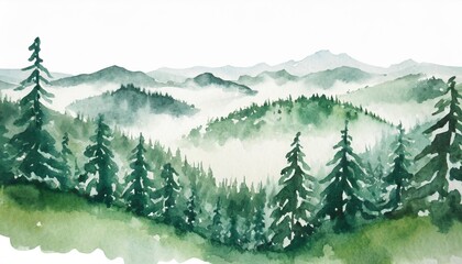 watercolor green landscape of foggy forest hill wild nature frozen misty taiga horizontal watercolor background evergreen coniferous trees