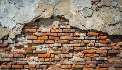 old brick wall with traces of old plaster ruined surface