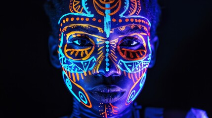 Vibrant Neon Tribal Face Paint on African Woman