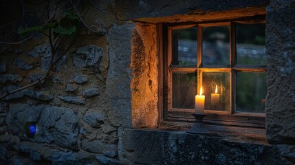 Candlelit window in a rustic stone wall at dusk