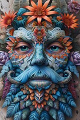 Fototapeta premium A painting of a face with flowers and leaves on it, AI