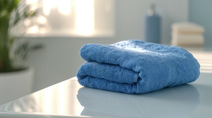 Fresh blue towels on a shiny surface in a bright bathroom