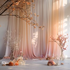 a pink curtain with flowers and a tree