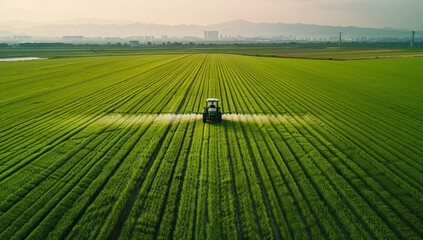 Tractor Spraying Pesticides on Lush Green Field at Sunset