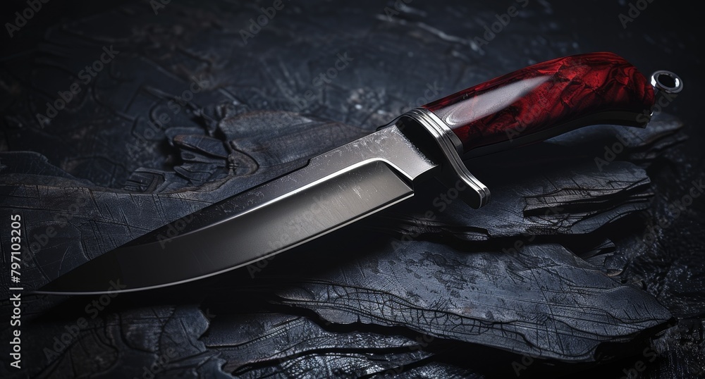 Wall mural Elegant hunting knife on a dark textured background