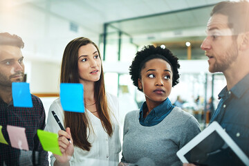 Office, meeting and glass wall for discussion, planning and erp notes with tablet for report. Man,...