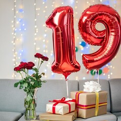 Metallic red helium balloons number 19 with rose flowers and wrapped gifts in a glittery lights room