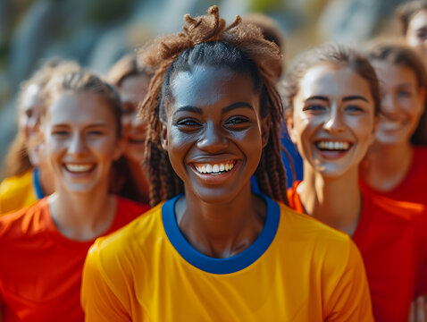 Portrait of a smiling female soccer player with teammates in the background. Team diversity and joy in sports concept. Ideal for campaigns promoting inclusivity and women's sports