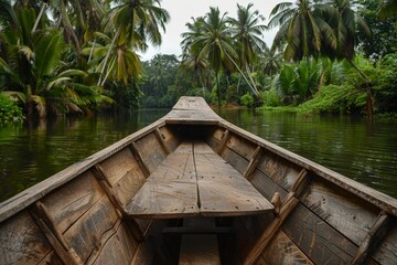 Fototapeta na wymiar Journey through a tropical river in a wooden boat