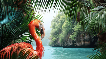 tropical island with palm trees with flamingo