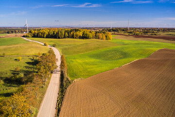 A spring landscape with a young plowed field, green grass and windmills. Fresh shoots