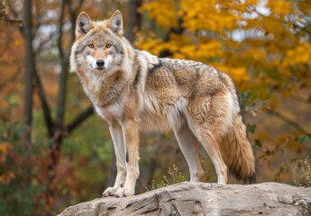 Naklejka na ściany i meble Majestic wolf standing on a rock in autumn forest