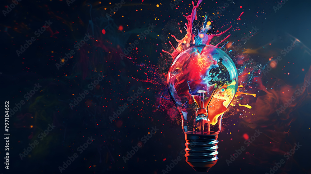 Poster a light bulb exploding with colorful energy. symbolizing creative ideas and innovation