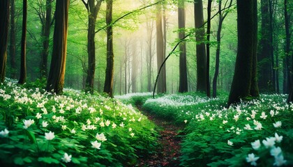 flowering green forest with white flowers spring nature background