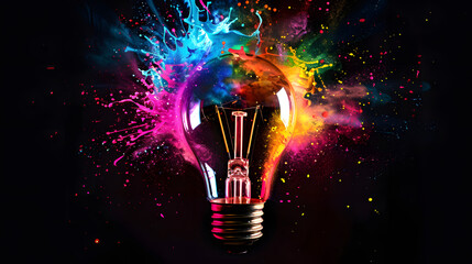 A light bulb exploding with colorful energy. symbolizing creative ideas and innovation